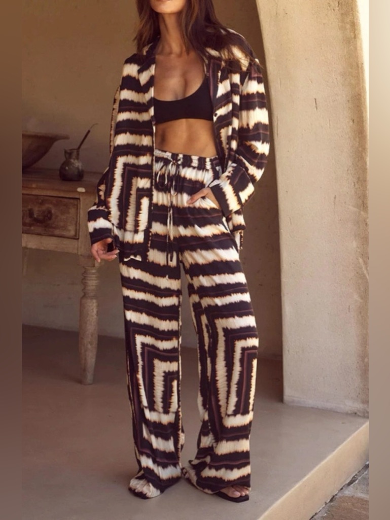 Black & Cream Geometric Wide-Leg Pant Set With Long Sleeve Button Down Top
